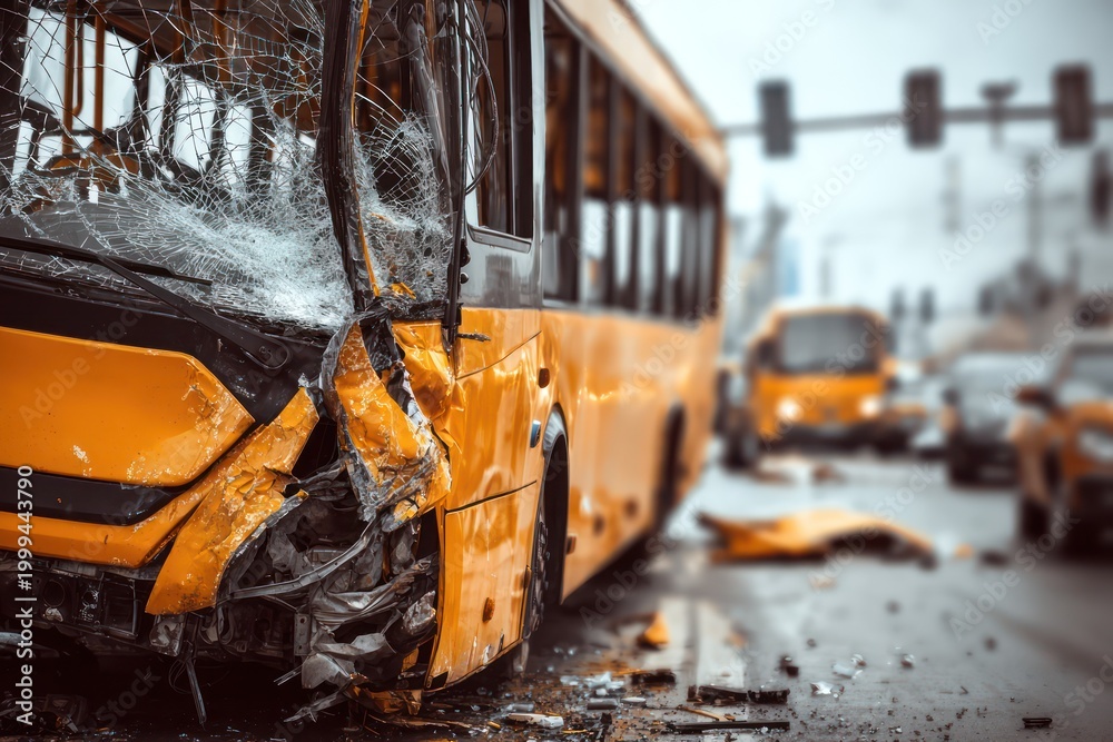 Fototapeta premium Bus vehicle wreckage in urban city environment