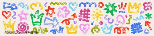 Fotografía Marker doodle set with arrows, crowns, stars, squiggle, grid and swirls