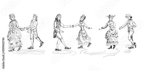 Ladies and gentlemen skate a gallant dance on ice.