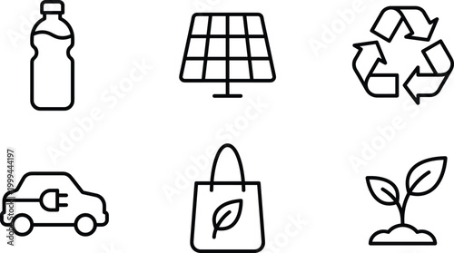 Eco friendly sustainable energy and environmental conservation icons set featuring solar panel, recycle symbol, electric car, reusable bag, and plant