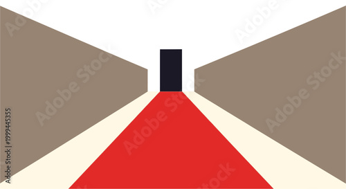 Abstract graphic design featuring a red carpet leading through a narrow, converging corridor towards a distant dark opening.