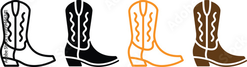 Cowboy boots icon set, western fashion footwear symbol, flat vector illustration