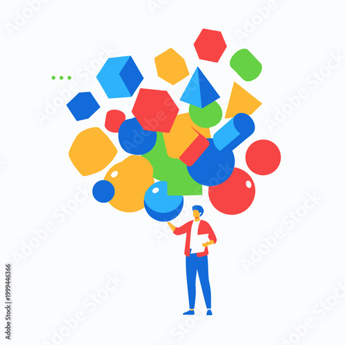 Art Director Organizing Floating Geometric Shapes on Blank Digital Canvas