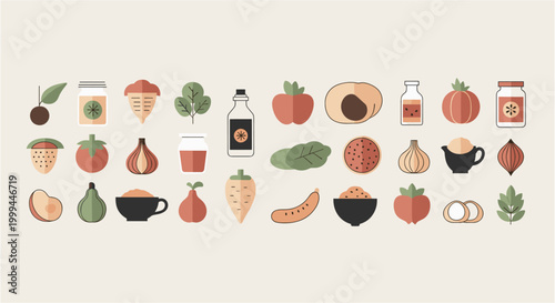 Flat design icons of fruits, vegetables, and food items on a neutral background