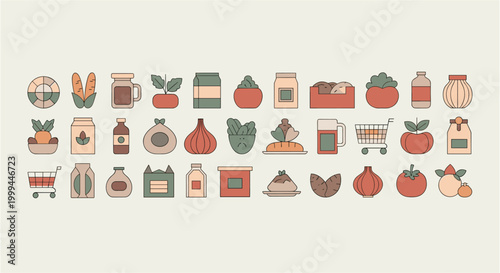Collection of flat design icons representing various food items and groceries