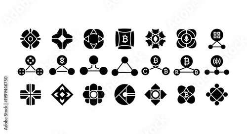 Collection of abstract geometric icons representing networks and digital currency symbols