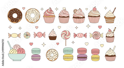 Dessert icons set: cupcakes, candy, donuts, sweets, colorful flat illustration
