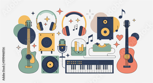Collection of musical instruments and audio equipment in a flat design style