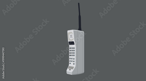 Detailed vintage cordless phone illustration: 80s retro wireless telephone with antenna and charging base, high-quality 1980s technology vector.