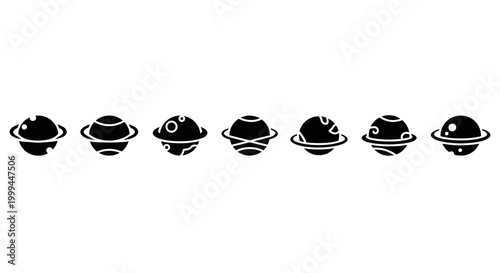 Collection of stylized planets with rings and surface details