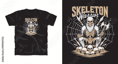 Skeleton warrior on skull throne t-shirt design with web and axe.