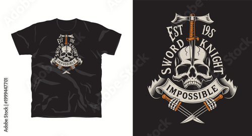 Skull pierced by sword with crossed blades for t-shirt design and apparel.