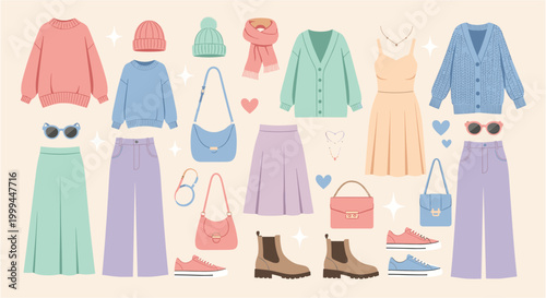 Flat lay of trendy pastel clothing and accessories for a stylish outfit