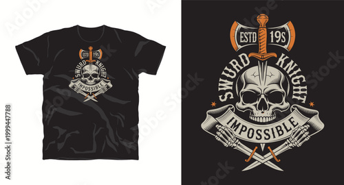 Sword knight impossible skull t-shirt design with axes and crossed swords vector illustration.