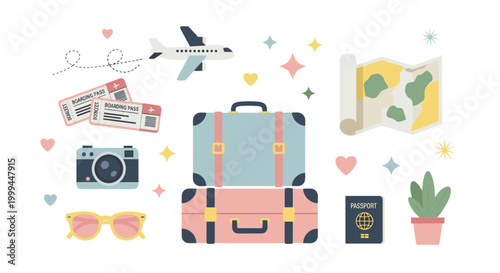 Travel essentials illustration with airplane, luggage, passport, and map