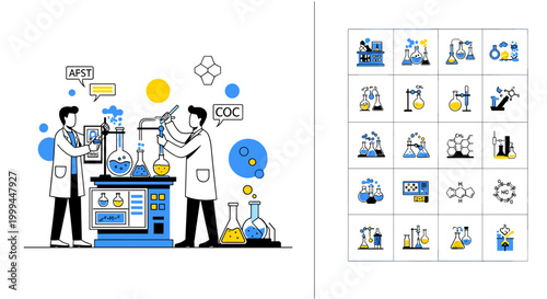 Scientists conduct chemical experiments with beakers and flasks in a laboratory setting
