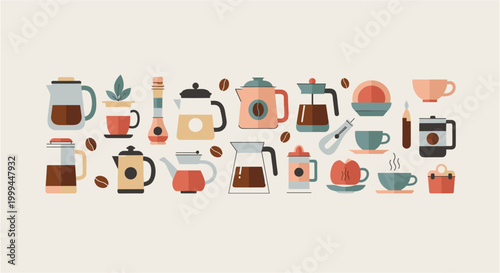 Collection of modern flat design coffee brewing equipment and cups