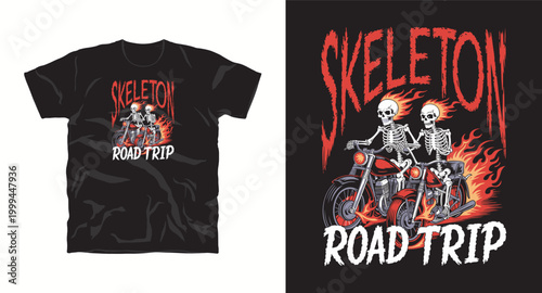 Skeleton road trip t-shirt design with flaming skeletons riding motorcycles.