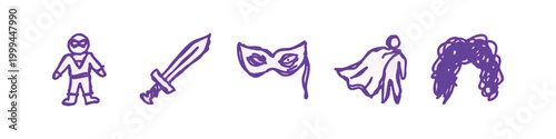 Hand Drawn Superhero and Fantasy Icons Set with Mask Sword and Cape