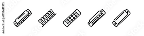 Line Art Harmonica Icons Set showing Musical Instrument and Its Components