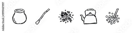 Hand Drawn Yerba Mate Tea Icons Set with Gourd Bombilla and Leaves