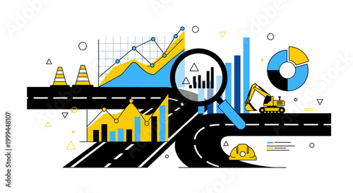 Construction project analytics and progress tracking with charts and excavator