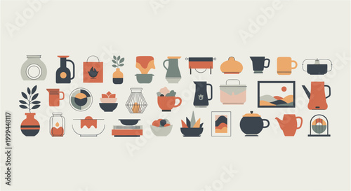 Collection of stylized ceramic and pottery objects in a flat design style
