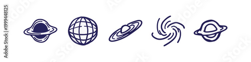 Space and Astronomy Hand Drawn Dark Blue Icons Set with Planets Galaxy and Black Hole