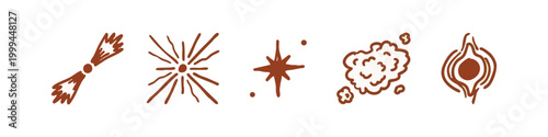Hand drawn cosmic and astronomical elements in brown featuring stars, comet, explosion and nebula icons.
