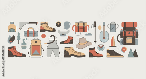 Collection of flat design icons for outdoor adventure and camping gear