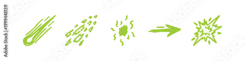 Vibrant neon green hand drawn cosmic elements set including shooting star, meteorite, blast, arrow and flash symbols.