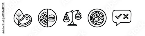 Minimalist line icon set for diet and healthy eating featuring plant vs meat balance, food scales and nutrition choices.