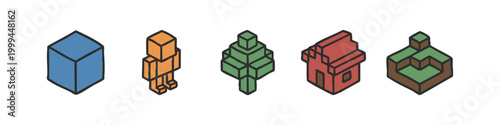 Isometric colorful voxel icons set for gaming featuring stylized 3d cube, person, forest, cottage and landscape blocks.
