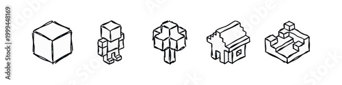 Hand drawn sketchy voxel game style icons featuring 3d cube, character, tree, house and terrain block elements.