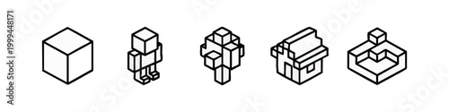Clean line art voxel icons set with 3d blocky designs for cube, avatar, tree, building and world terrain elements.