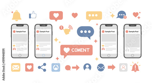 Social media engagement icons and smartphone interfaces showing interaction elements