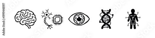 Hand drawn sketchy cybernetic and biotechnology icons including brain chip, neuron, bionic eye and dna helix.