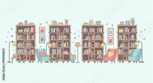 Library icons set: bookshelf, books, reading space, cozy interior, flat illustration