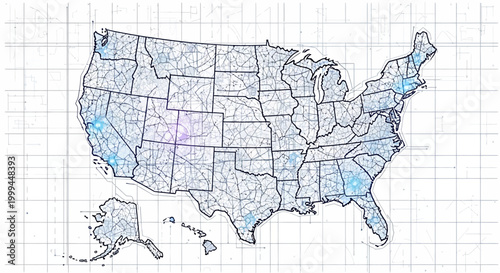 Detailed wireframe map of the USA showing state boundaries and waterways is presented against a grid background in a schematic illustration with a clean, minimalist aesthetic and cool blue