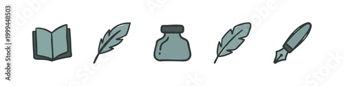 Colored sketch icons of vintage writing tools and books
