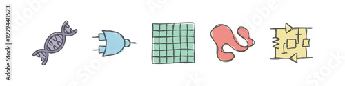 Colored sketch icons of biotechnology and electronic systems