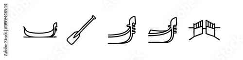 Minimalist line art icons of venetian gondolas and travel
