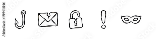 Cyber security and phishing hand drawn doodle icons