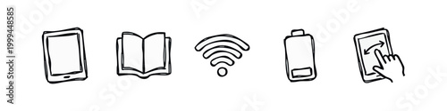 Hand Drawn Technology and Reading Icon Set - Tablet, Book, Wi-Fi, Battery