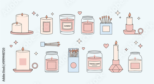 Collection of charming scented candles and matches in a minimalist illustration style