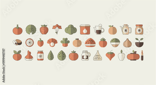 Collection of flat design icons representing healthy food and organic ingredients
