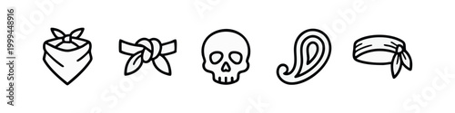 Bandana and Fashion Headwear Line Icons - Skull, Paisley, Scarf Knot