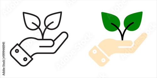Minimalist vector icon of a human hand holding a small green sprout for environmental sustainability and growth concepts.