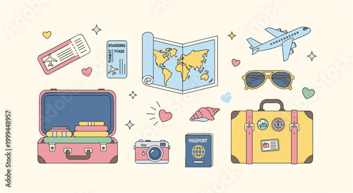 Cute travel essentials collection with airplane, luggage, and map
