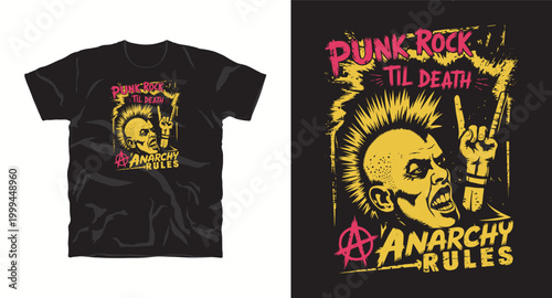 Punk rock til death anarchy rules t-shirt design with mohawk character.